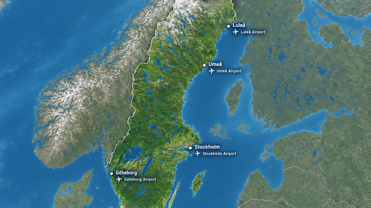 Carte des principaux aéroports de Suède, de Malmö à Kiruna