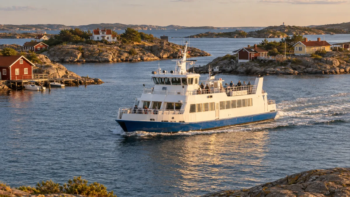 Ferry public entre les îles rocheuses de l’archipel de Göteborg