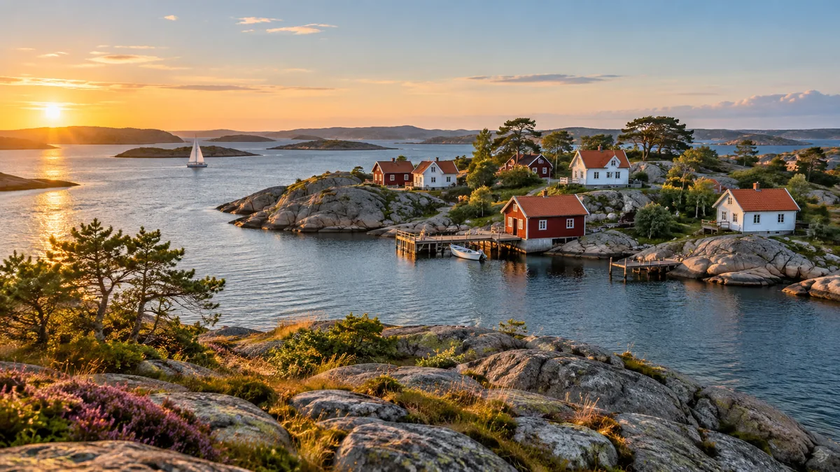 Maisons en bois et rochers au bord de l’eau dans l’archipel de Göteborg