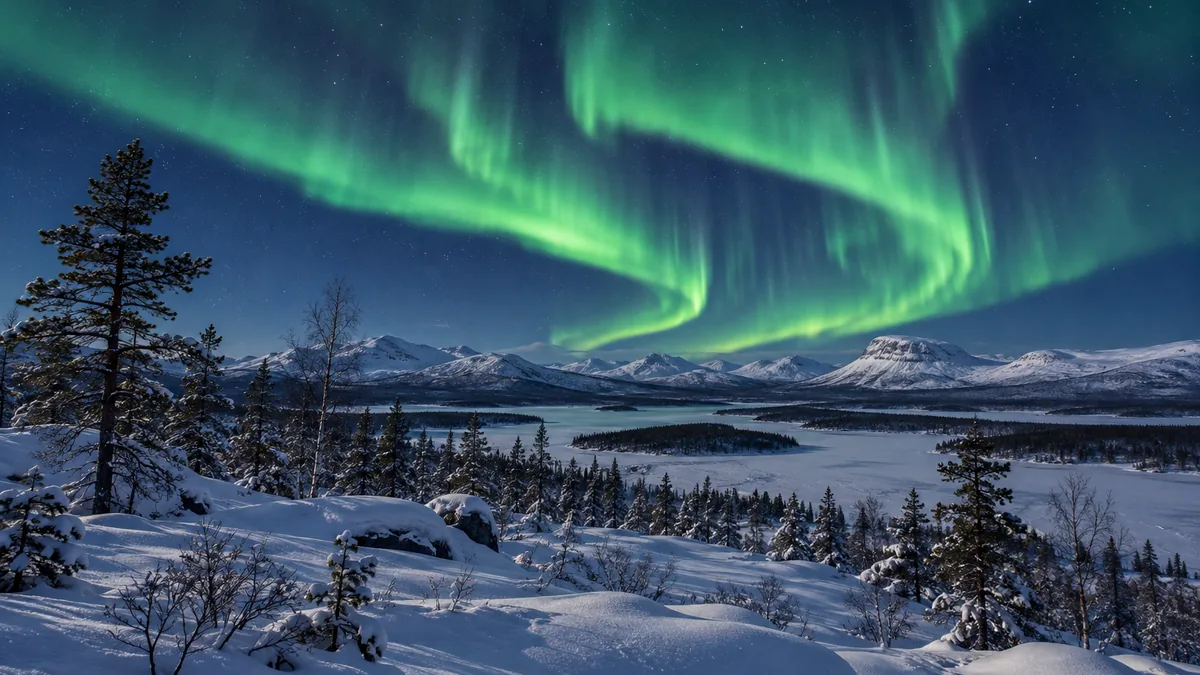 Aurore boréale verte dans le ciel nocturne de la Laponie suédoise