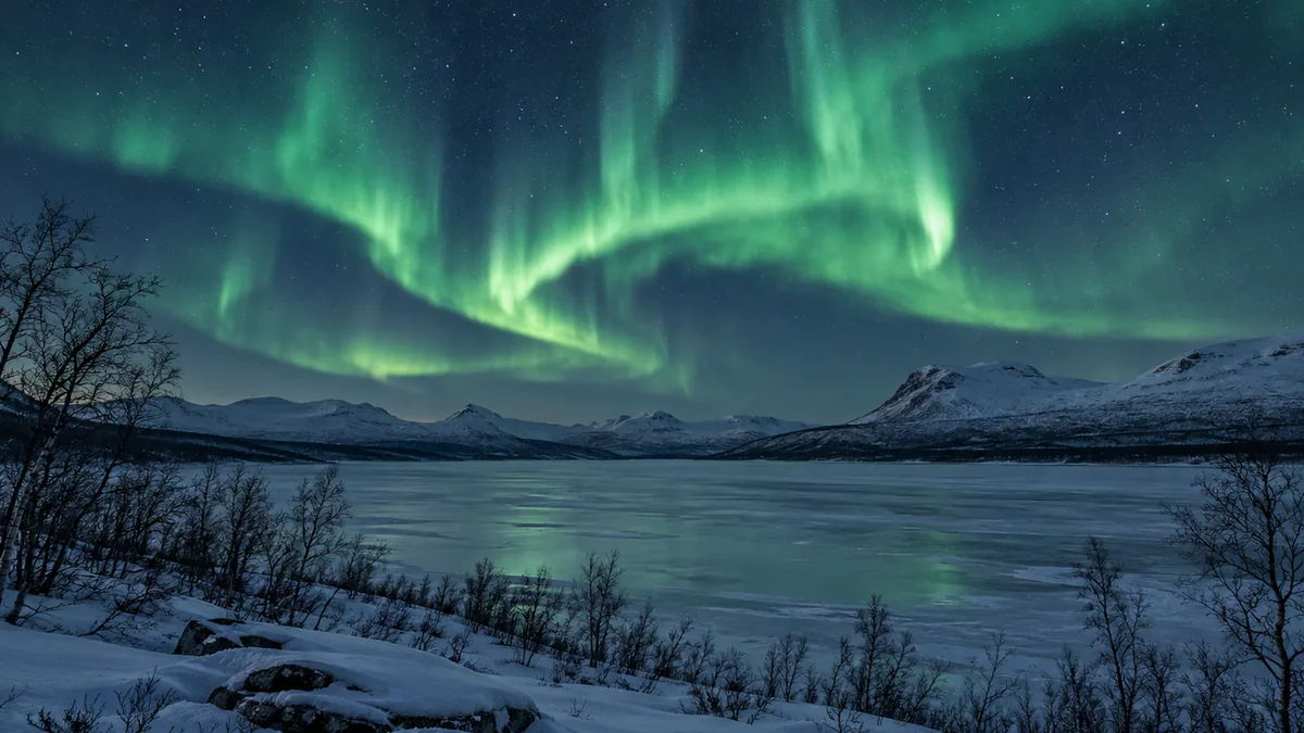 Aurores boréales dans le ciel nocturne enneigé d'Abisko en Suède