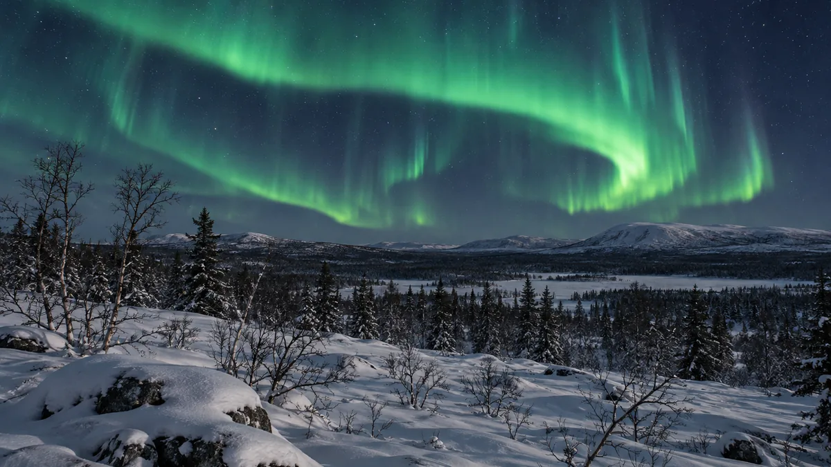 Aurores boréales dans un paysage enneigé près de Kiruna