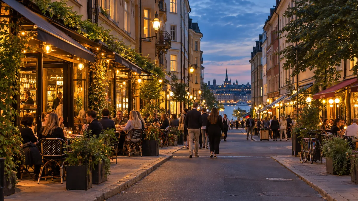 Bars éclairés dans le quartier de Södermalm à Stockholm