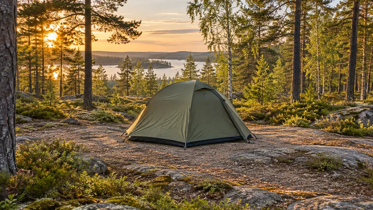 Petite tente installée sur un sol résistant dans la nature suédoise, loin des habitations