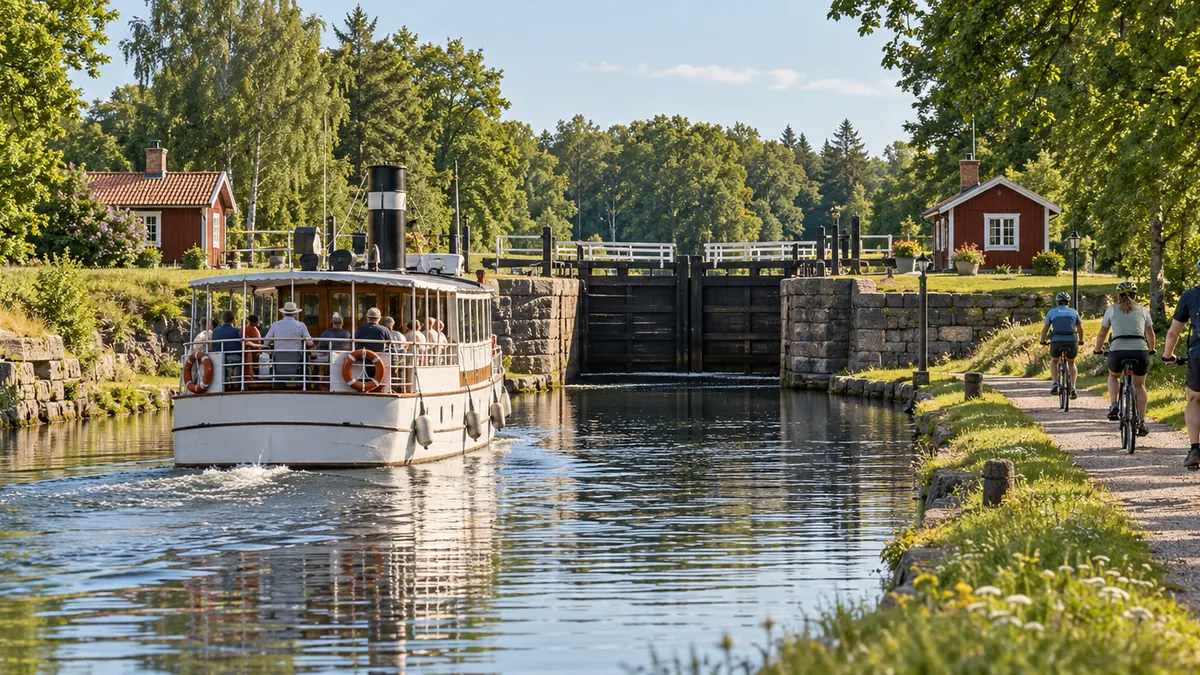 Bateau et piste cyclable le long du canal Göta en Suède