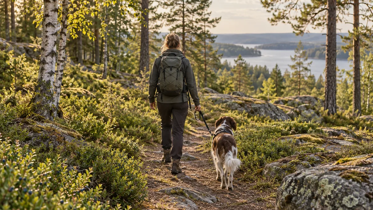 Chien tenu en laisse pendant une randonnée dans une forêt suédoise