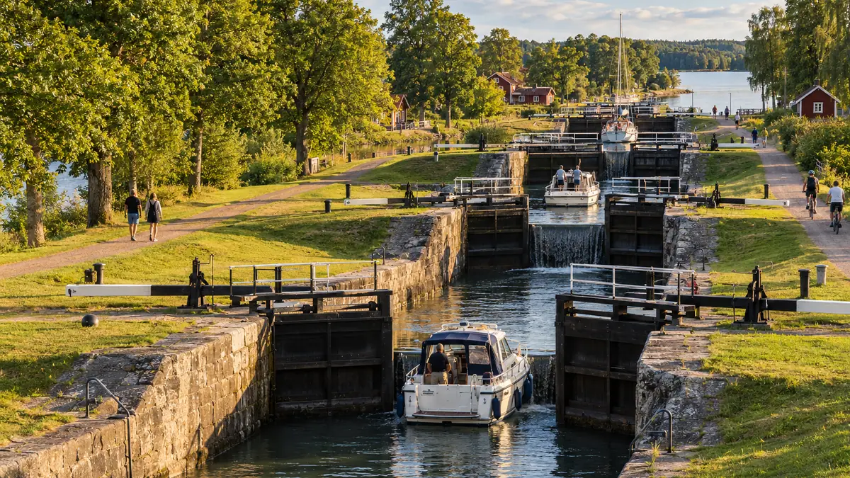 Bateaux franchissant les écluses de Berg sur le canal Göta en Suède