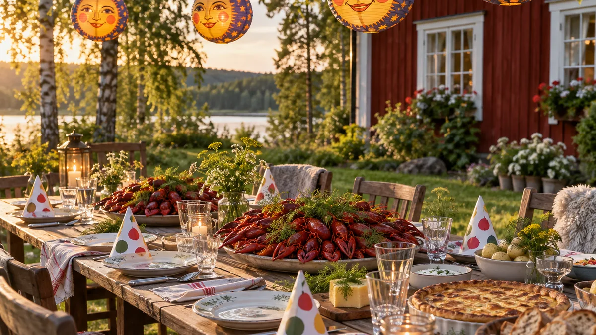 Fête des écrevisses en Suède avec table traditionnelle de kräftskiva
