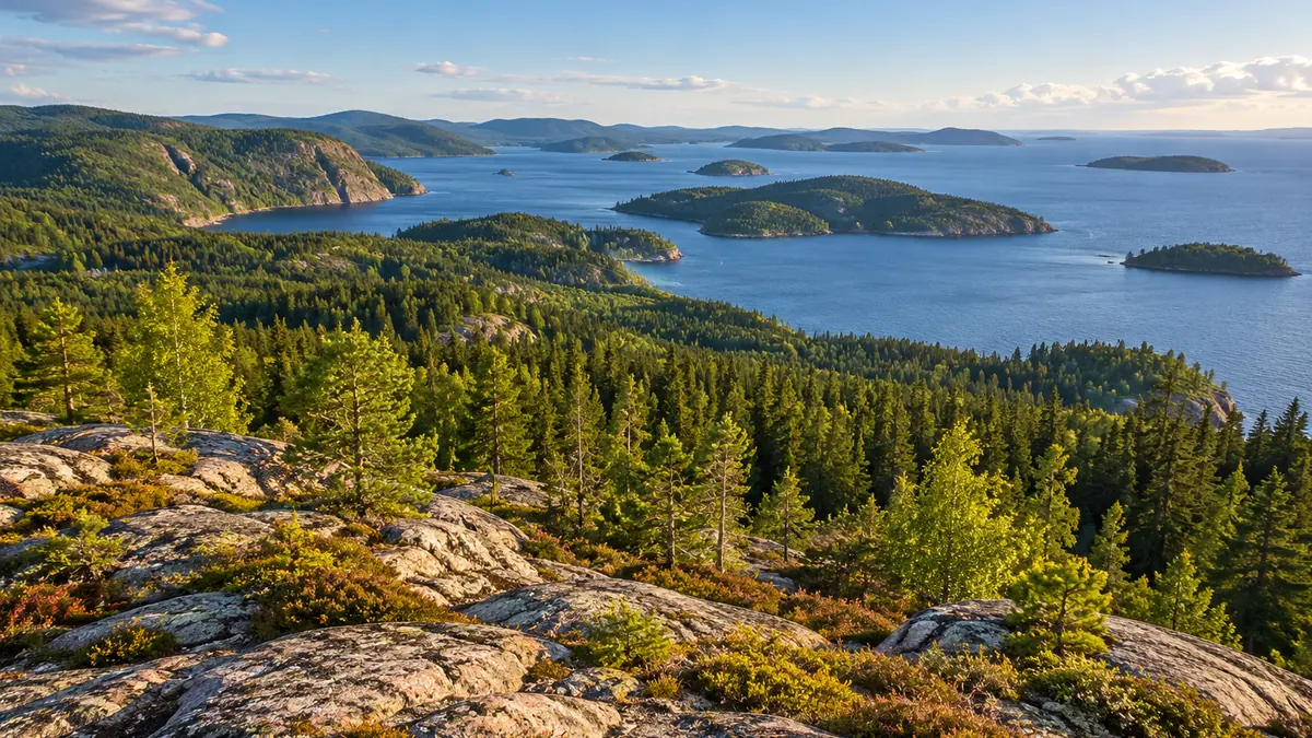 Panorama du High Coast Trail sur la forêt et l'archipel de la Haute Côte