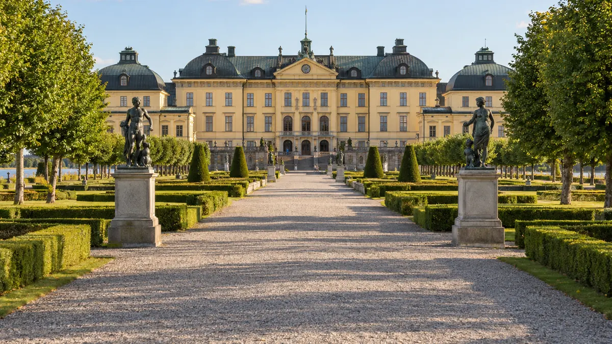 Jardins baroques et façade du palais de Drottningholm en Suède