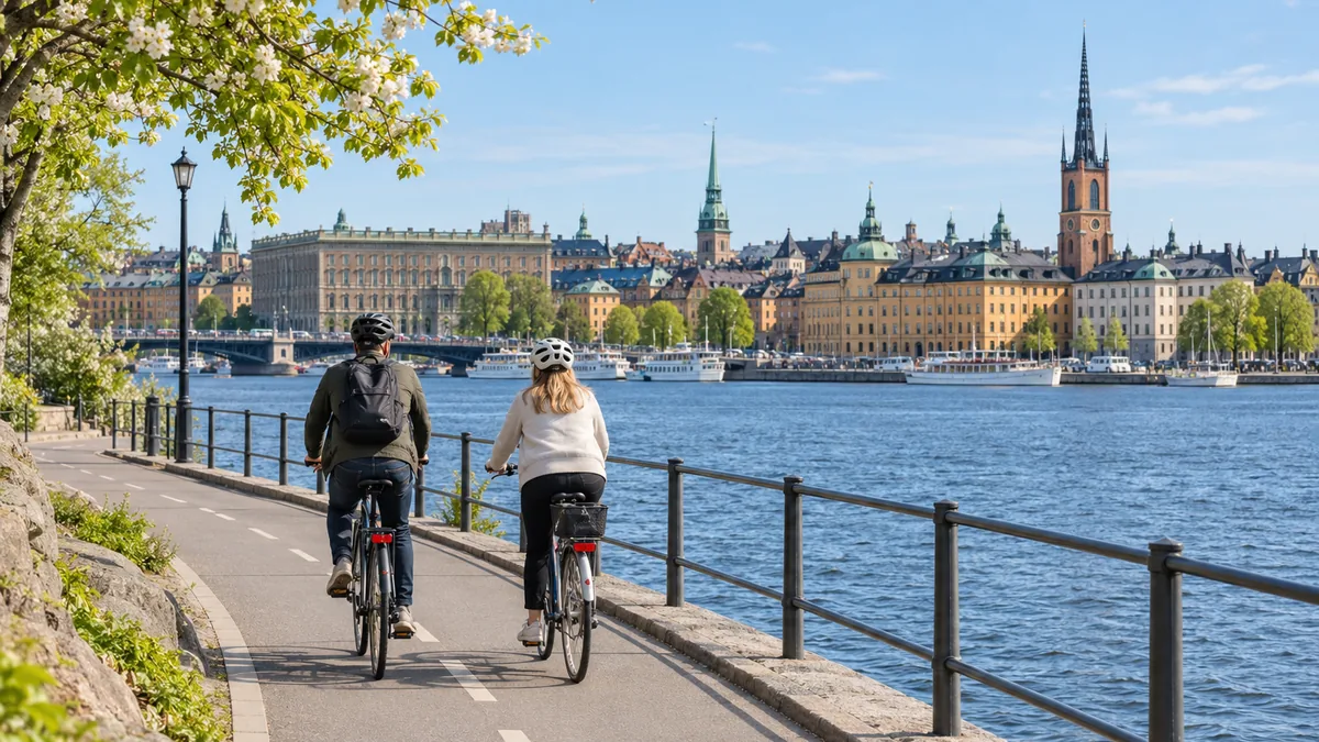 Location de vélo à Stockholm sur une piste cyclable au bord de l'eau