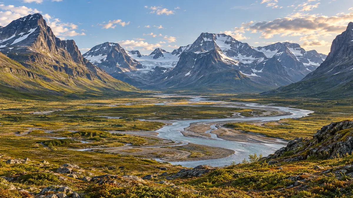 Vallée glaciaire et sommets du parc national de Sarek en Laponie suédoise