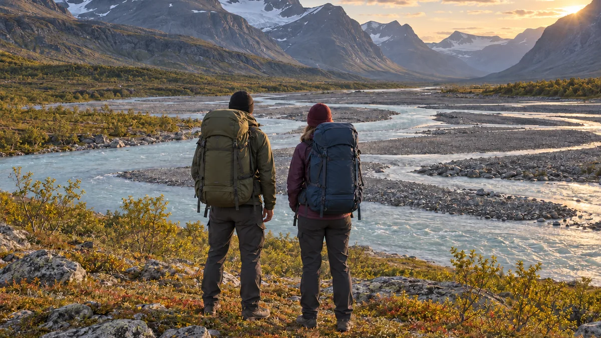 Randonneurs autonomes observant une rivière dans le parc national de Sarek