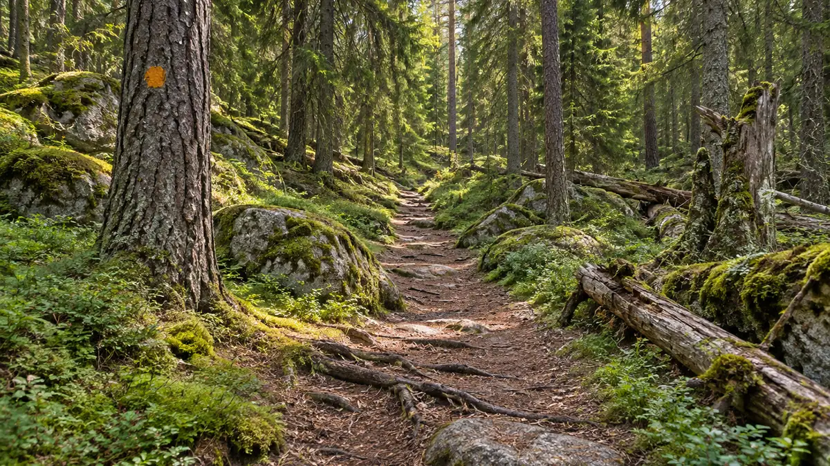 Sentier balisé traversant la forêt ancienne du parc national de Tyresta