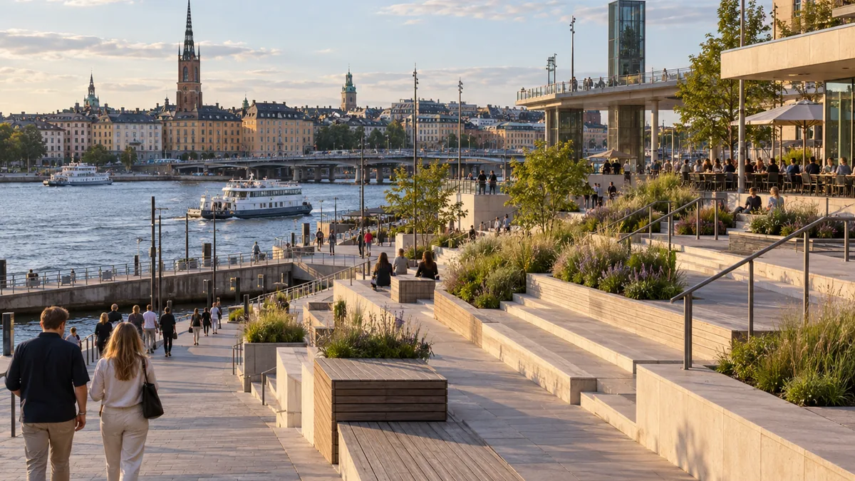 Vue de Slussen et des terrasses de Mälarterrassen à Stockholm