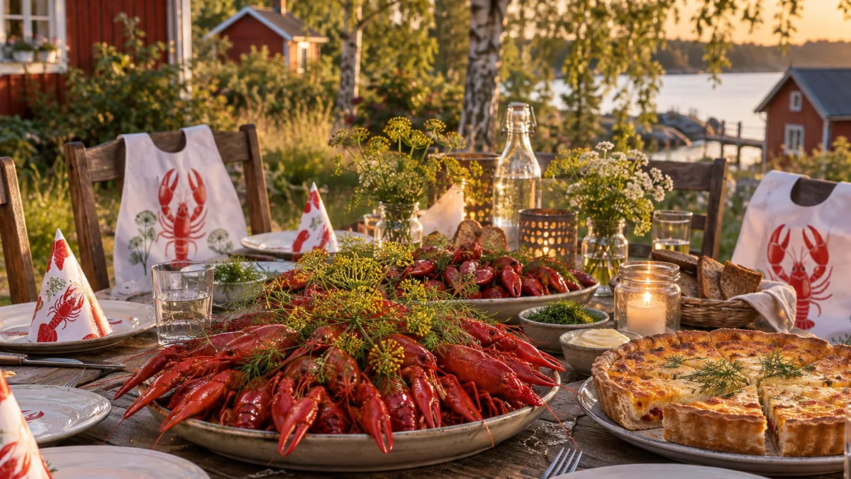 Table de kräftskiva décorée de lanternes et garnie de plats d'écrevisses en Suède