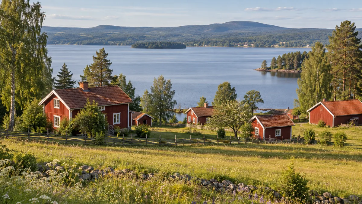 Maisons en bois au bord du lac Siljan en Dalécarlie