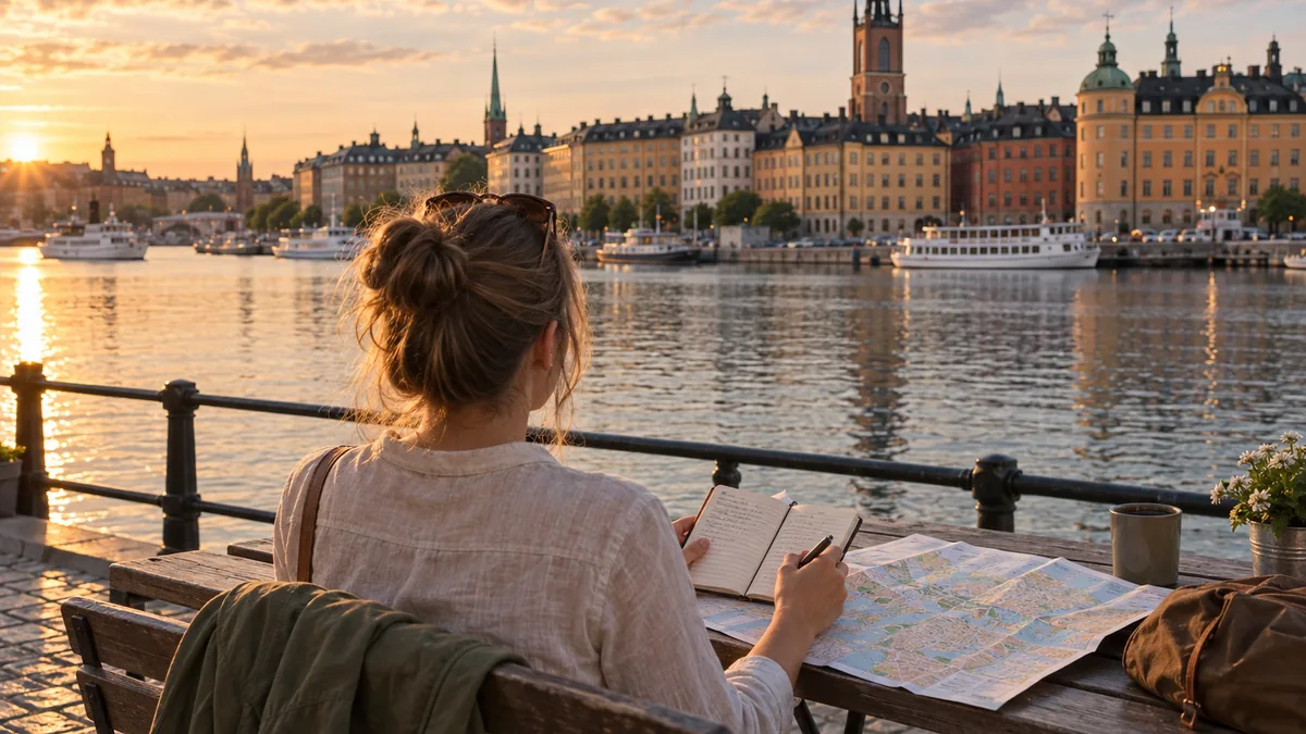 Voyageuse calculant son budget pour un séjour en Suède