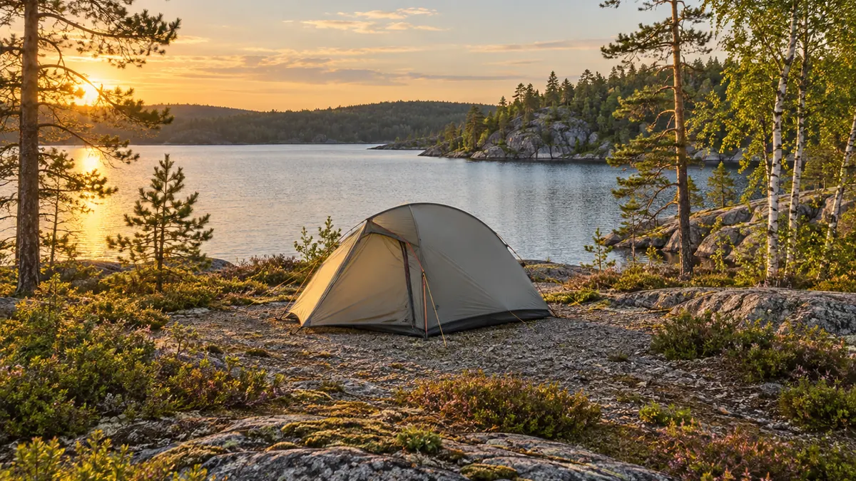 Tente installée au bord d'un lac pour camper en Suède