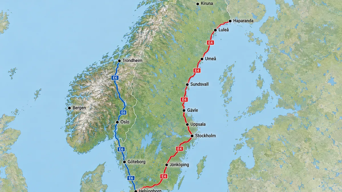 Carte routière de la Suède et de la Norvège montrant les axes E4 et E6