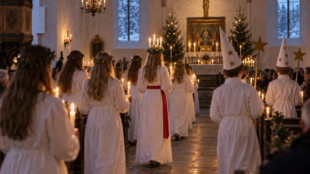 Chorale en robes blanches pendant une procession suédoise de Lucia