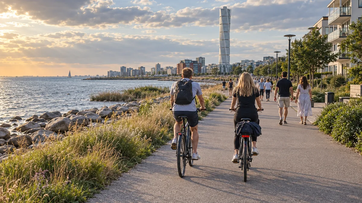 Climat estival à Malmö avec cyclistes et promeneurs au bord de l’Öresund