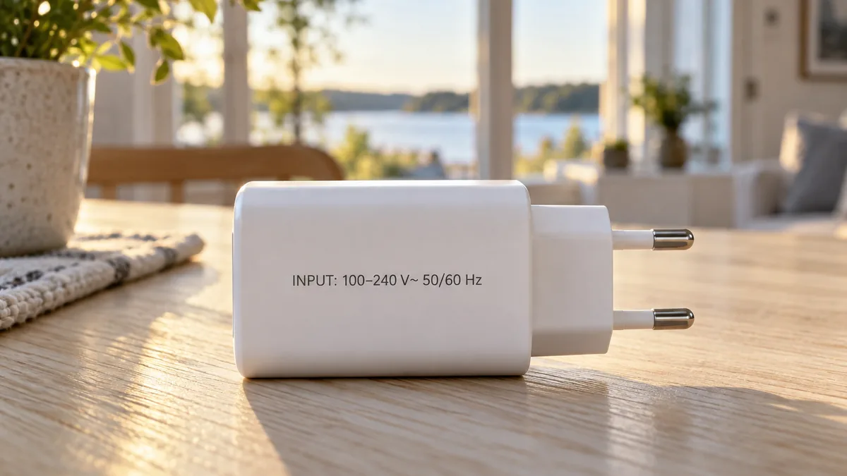 Étiquette 100-240 V d'un chargeur compatible avec le courant électrique suédois