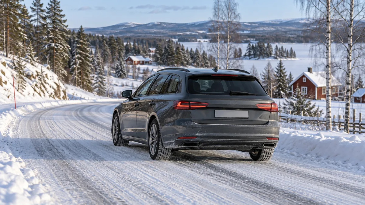 Voiture munie de pneus hiver sur une route enneigée en Suède