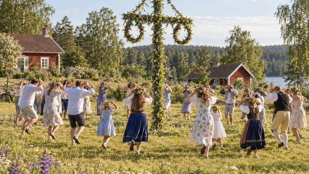 Voyageurs et familles dansant autour du mât fleuri de Midsommar