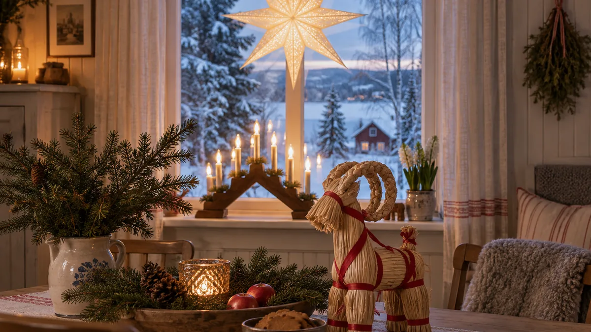 Décoration de Noël suédoise avec étoile lumineuse, chandelier et bouc en paille