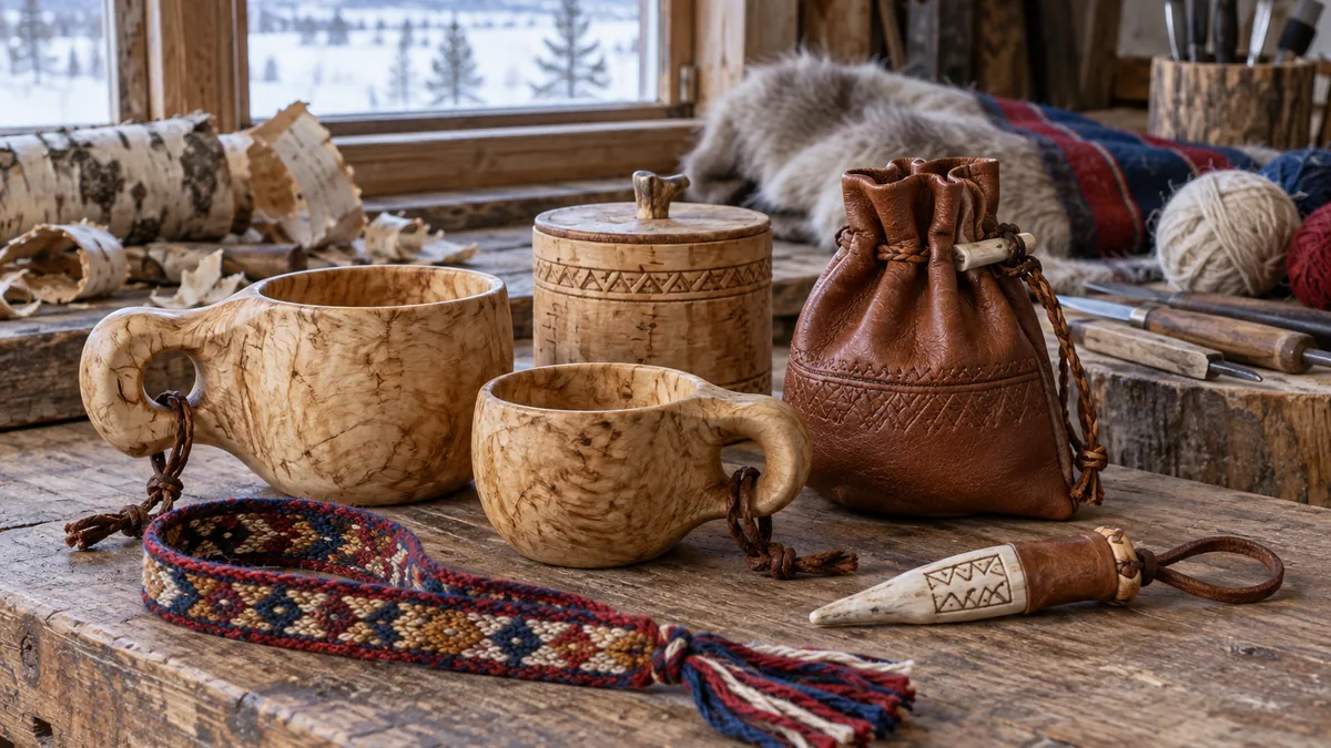 Objets de duodji fabriqués en bois, cuir et textile par des artisans samis
