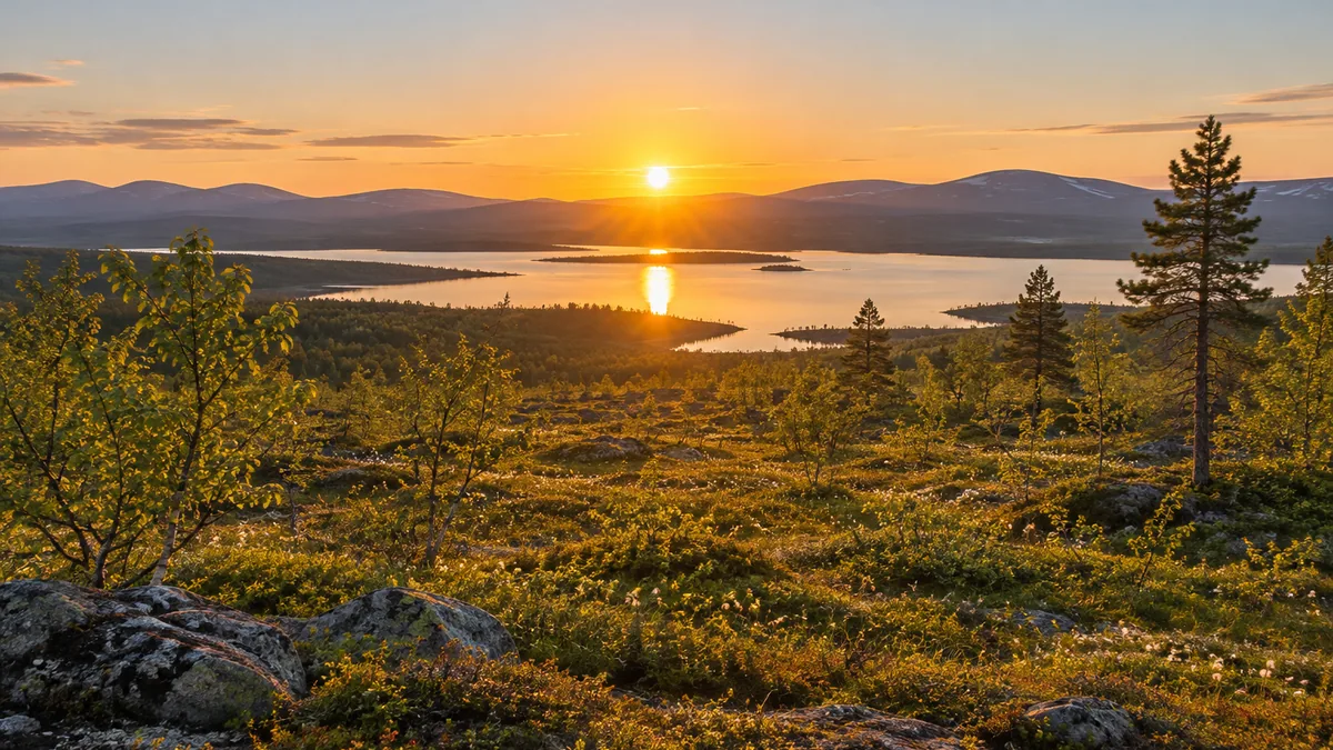 Soleil de minuit éclairant un paysage de Laponie suédoise
