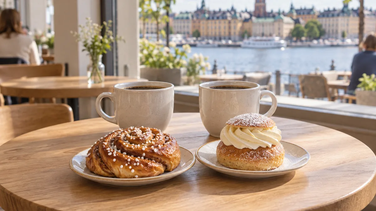 Café suédois à Stockholm servant un fika avec café et brioche à la cannelle