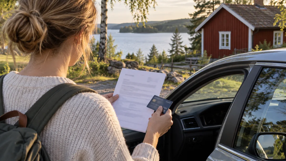 Voyageur vérifiant le contrat et les frais d’une location auto en Suède