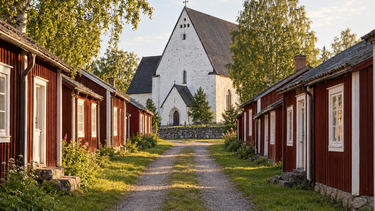 Maisons rouges en bois autour de l’église de Gammelstad à Luleå