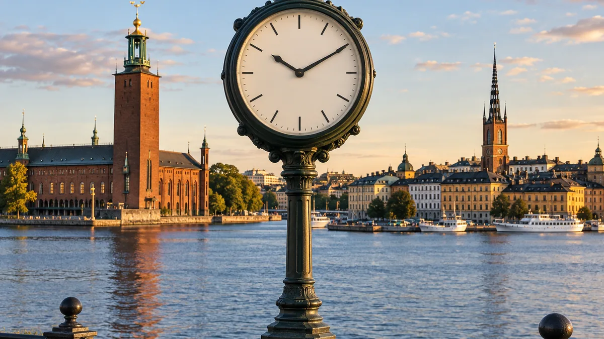 Horloge indiquant l’heure locale en Suède devant Stockholm