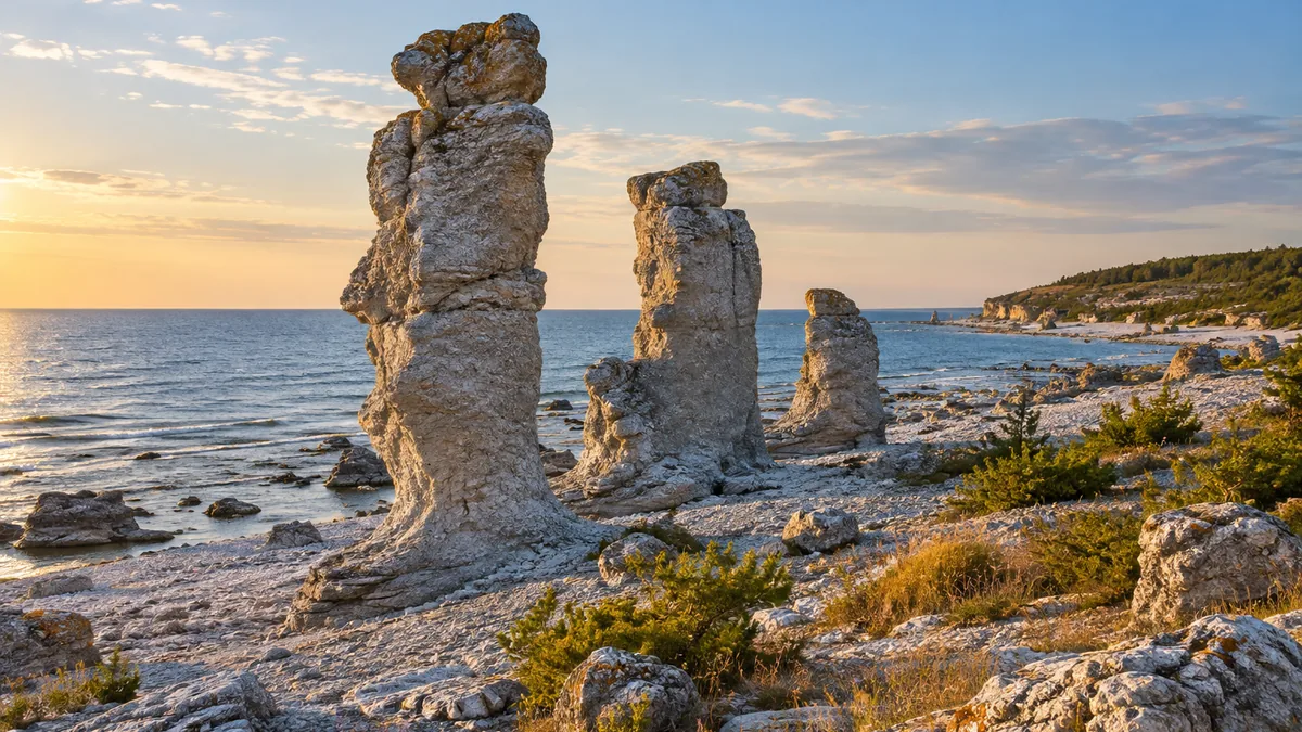 Raukar calcaires sur le littoral de l’île suédoise de Gotland