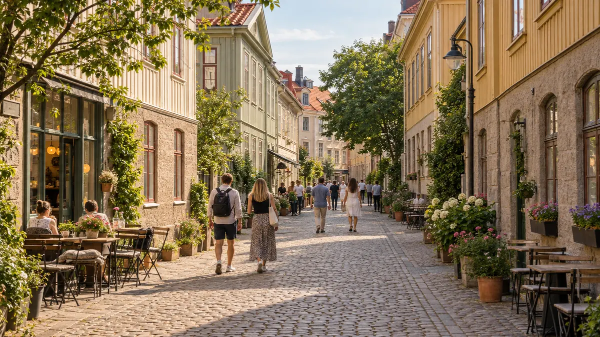 Maisons traditionnelles et rue pavée du quartier Haga à Göteborg