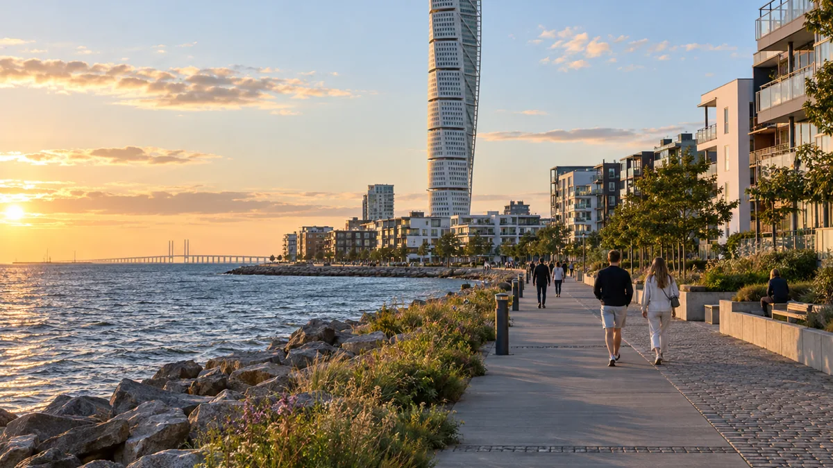 Promenade de Västra Hamnen à Malmö avec le Turning Torso
