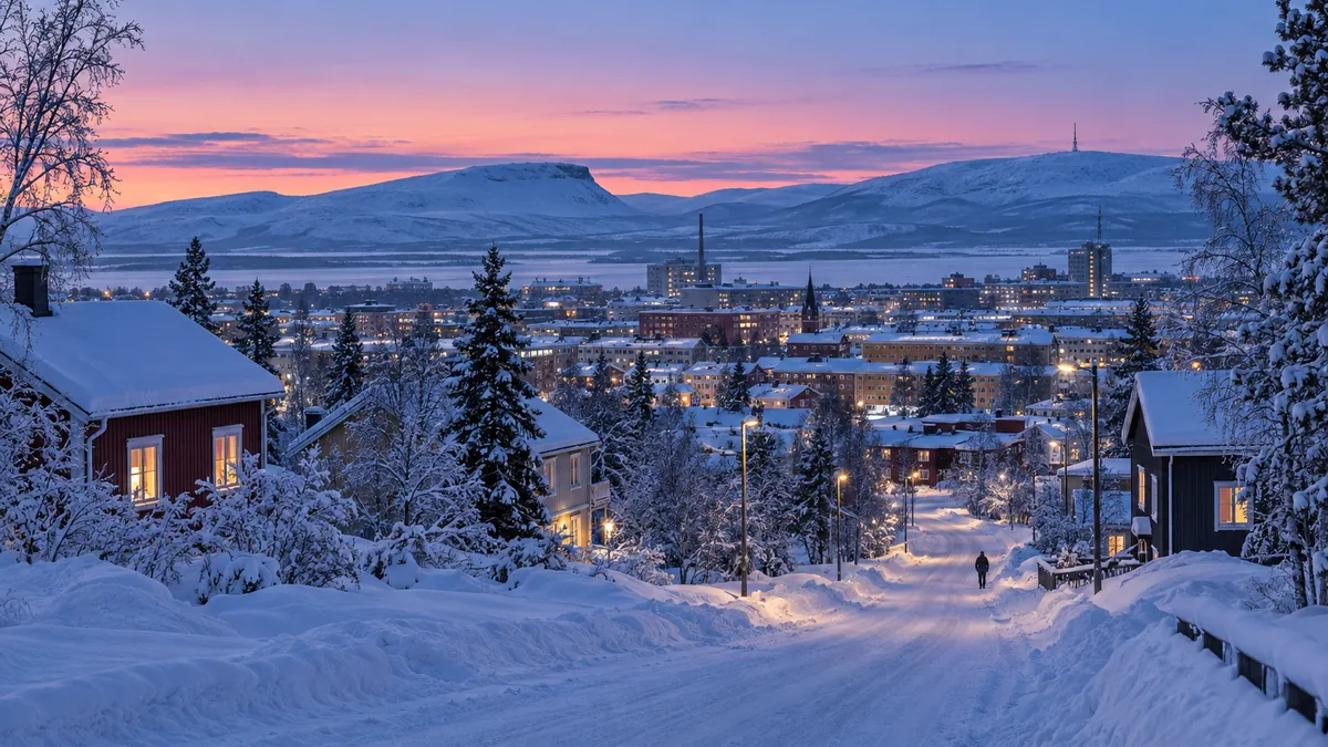 Météo à Kiruna avec un paysage enneigé sous la lumière hivernale