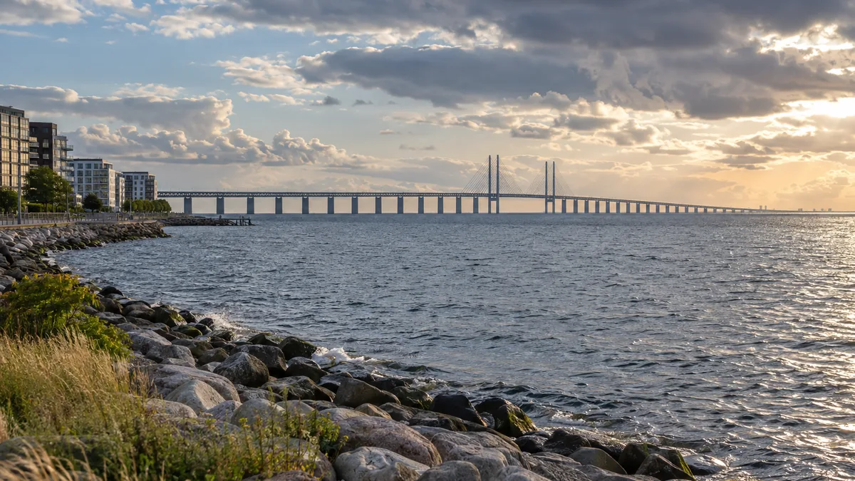 Météo à Malmö avec ciel variable au-dessus du littoral et du pont de l’Öresund