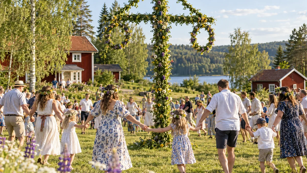 Célébration de Midsommar en Suède autour d’un mât couvert de fleurs