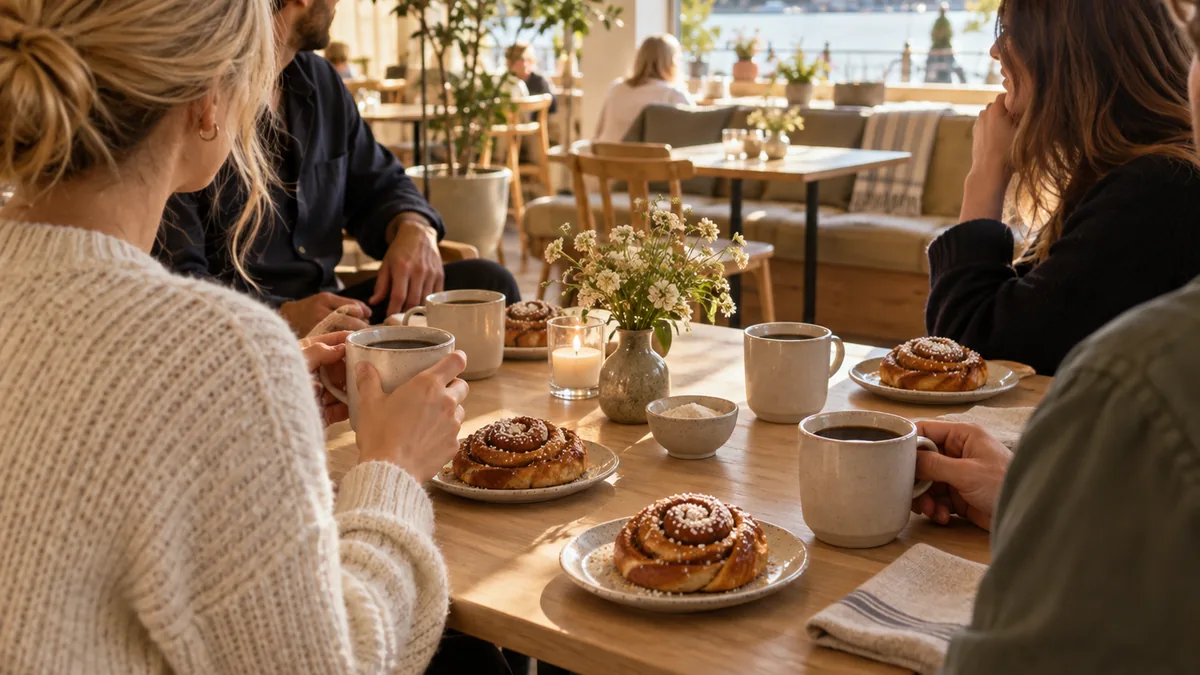 Fika avec café et roulés à la cannelle illustrant le mode de vie suédois