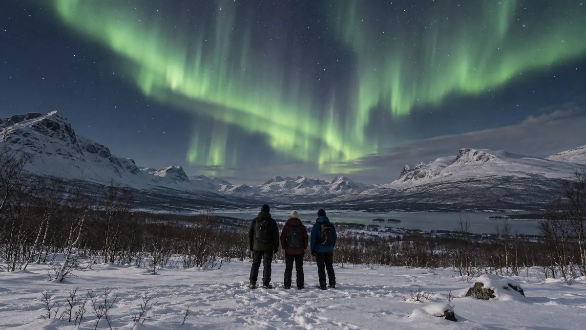 Voyageurs observant une aurore boréale près d'Abisko en Suède