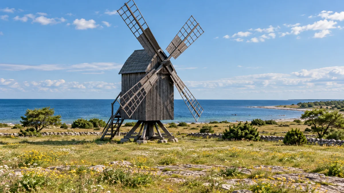 Paysage côtier et moulin traditionnel sur l’île d’Öland en Suède