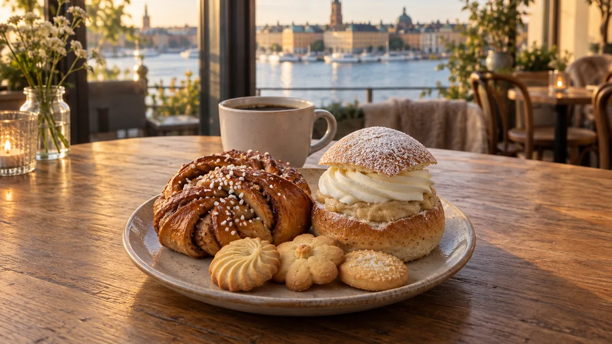 Kanelbulle, semla et biscuits servis lors d’un fika suédois