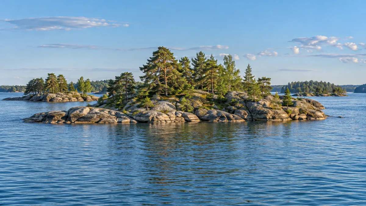 Paysage suédois de l’archipel de Stockholm avec îlots rocheux, pins et mer Baltique