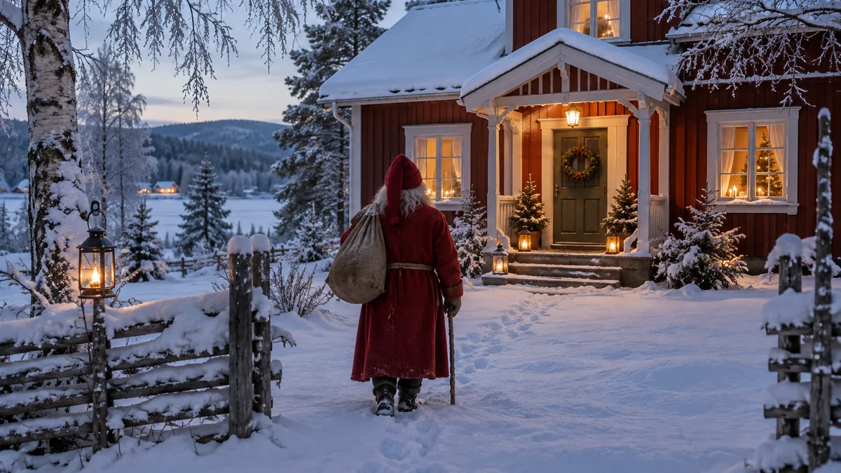 Jultomten devant une maison suédoise éclairée en hiver