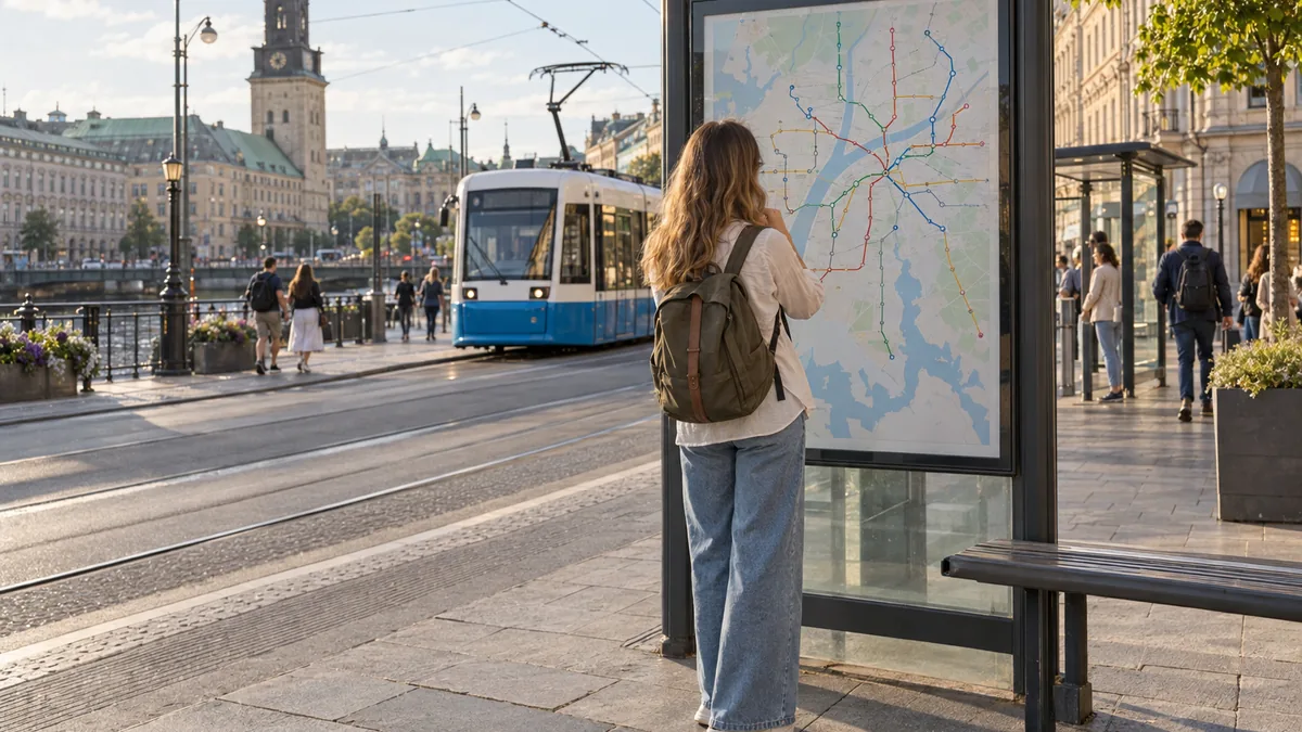 Voyageuse consultant le plan du tramway de Göteborg à un arrêt