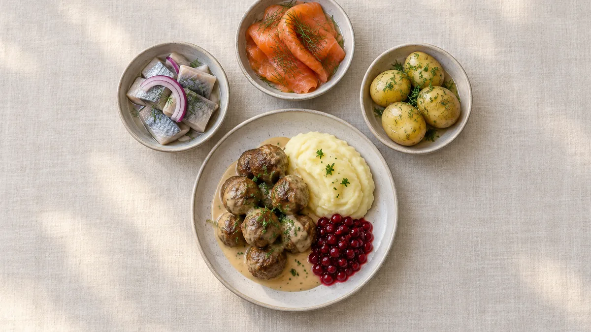 Assortiment de plats suédois avec boulettes, saumon, hareng et pommes de terre